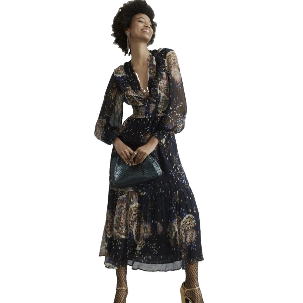 Anthropologie Black Colorful Metallic Smocked V-neck Maxi Dress Size Large